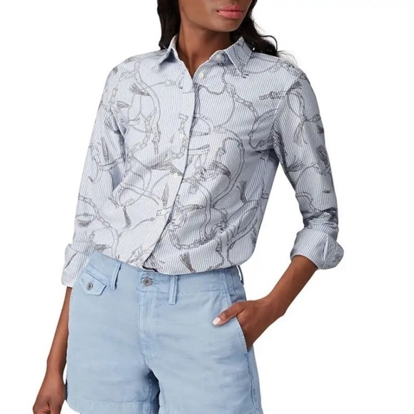 Lauren Ralph Lauren Belt Print Button Down Striped Preppy Blouse Large - Picture 1 of 11